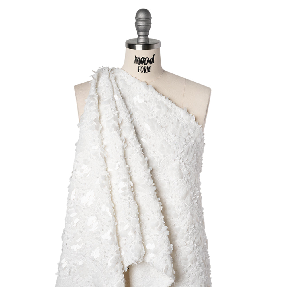 Fuzzy Tweed with Fabric Appliques and Oval Paillette Sequins - White Vines Drape