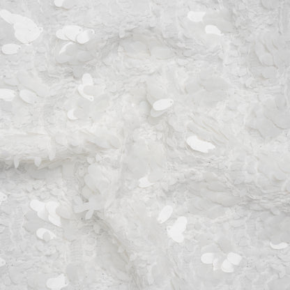 Fuzzy Tweed with Fabric Appliques and Oval Paillette Sequins - White Vines