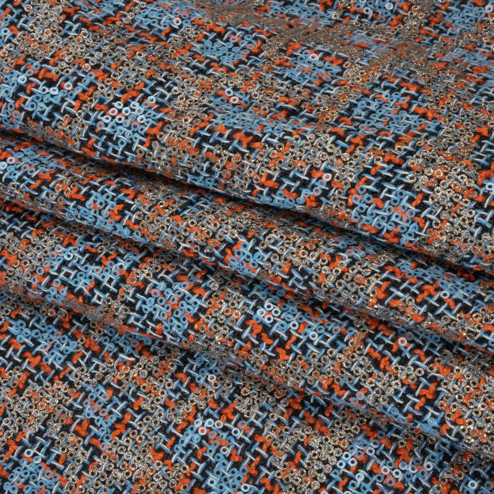Polyester Tweed with Sequins - Sky Blue, Orange and Navy Plaid with Gold and Sky Blue Sequined Animal Spots Folded