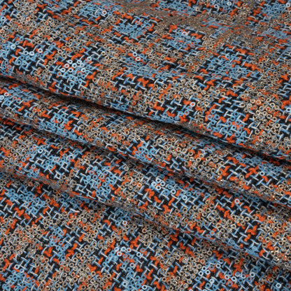 Polyester Tweed with Sequins - Sky Blue, Orange and Navy Plaid with Gold and Sky Blue Sequined Animal Spots Folded