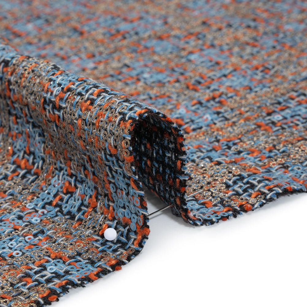 Polyester Tweed with Sequins - Sky Blue, Orange and Navy Plaid with Gold and Sky Blue Sequined Animal Spots Detail