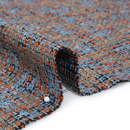 Polyester Tweed with Sequins - Sky Blue, Orange and Navy Plaid with Gold and Sky Blue Sequined Animal Spots Detail