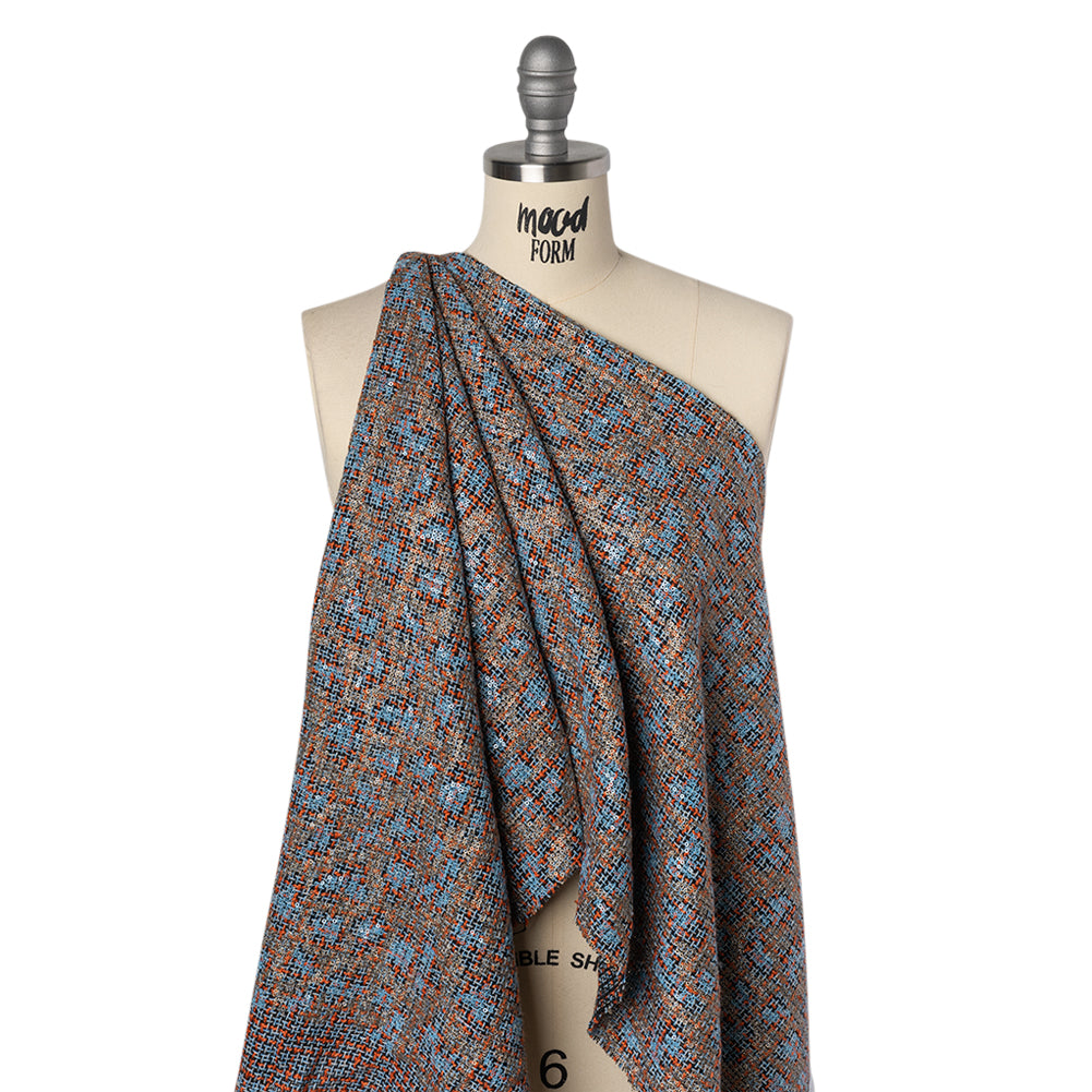 Polyester Tweed with Sequins - Sky Blue, Orange and Navy Plaid with Gold and Sky Blue Sequined Animal Spots Drape