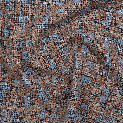 Polyester Tweed with Sequins - Sky Blue, Orange and Navy Plaid with Gold and Sky Blue Sequined Animal Spots