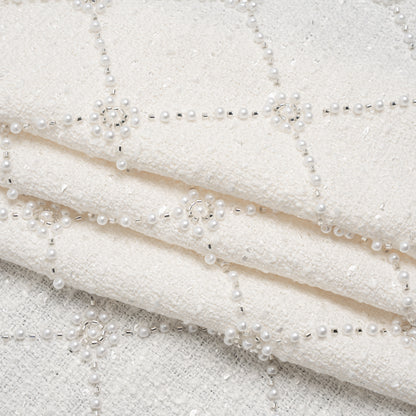 Embellished Polyester Tweed - White Tweed with Pearl and Silver Beaded Diamond Flower Lattice Folded