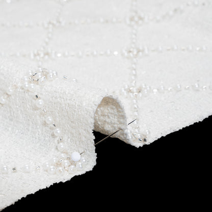 Embellished Polyester Tweed - White Tweed with Pearl and Silver Beaded Diamond Flower Lattice Detail