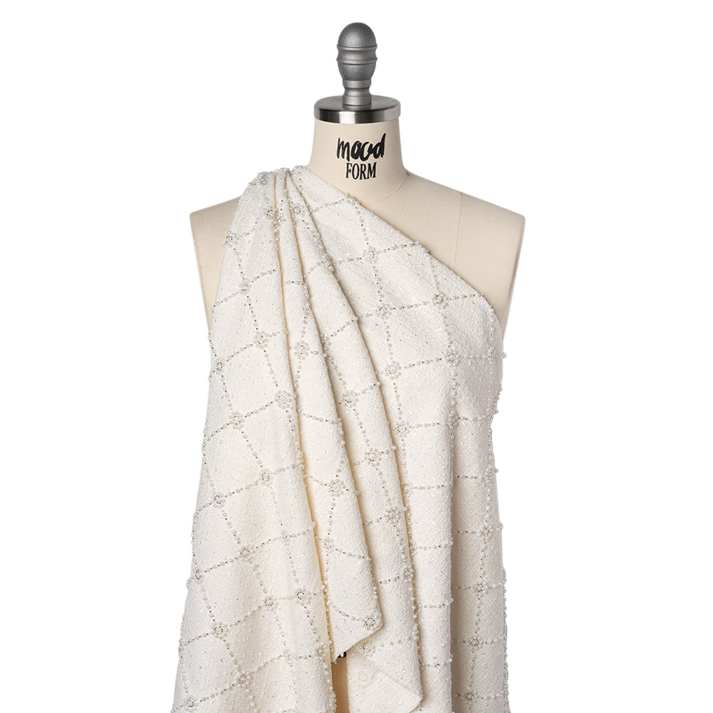 Embellished Polyester Tweed - White Tweed with Pearl and Silver Beaded Diamond Flower Lattice Drape