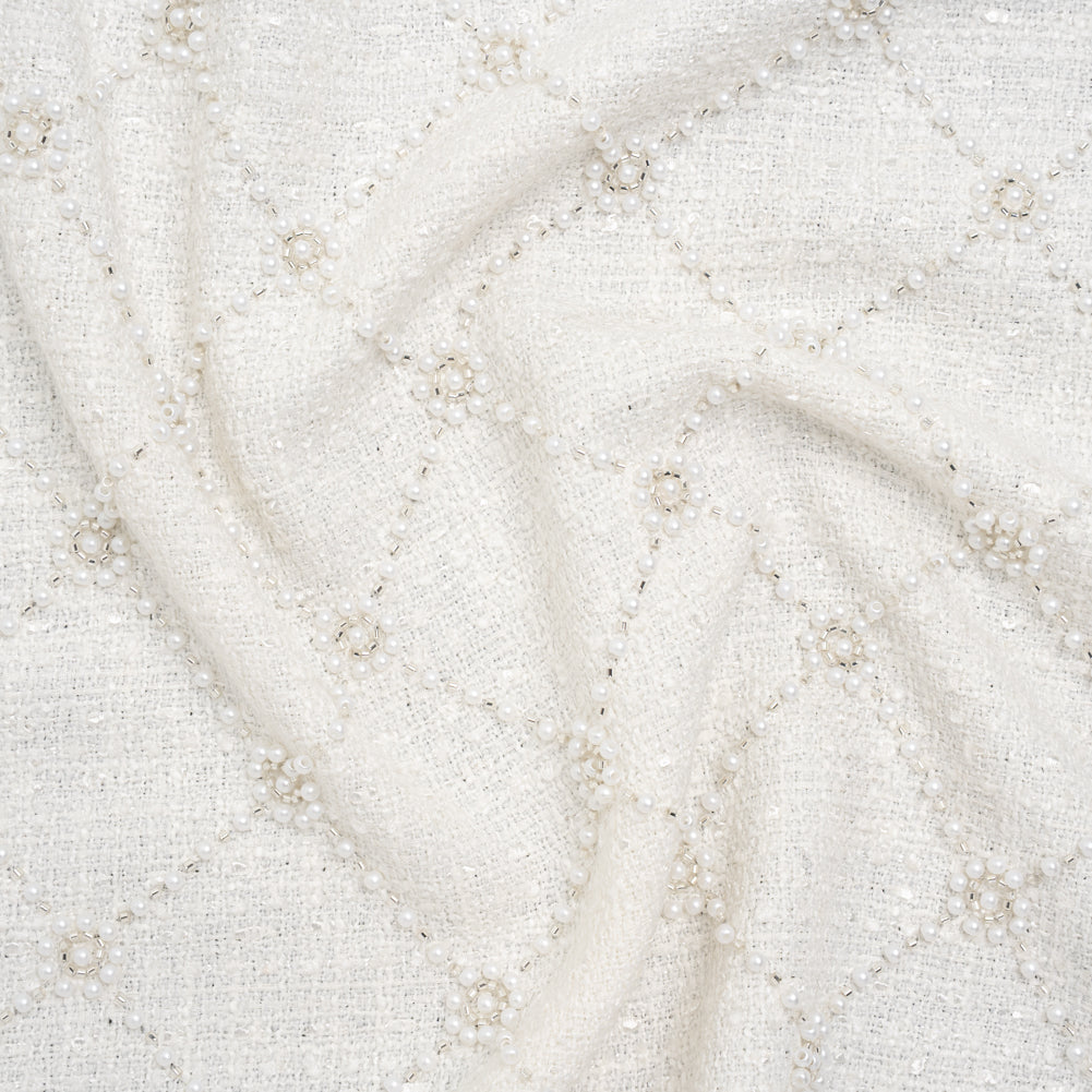 Embellished Polyester Tweed - White Tweed with Pearl and Silver Beaded Diamond Flower Lattice