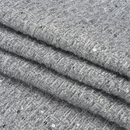 Metallic Embellished Tweed - Bright Silver with Sequins and Eyelash Fringe