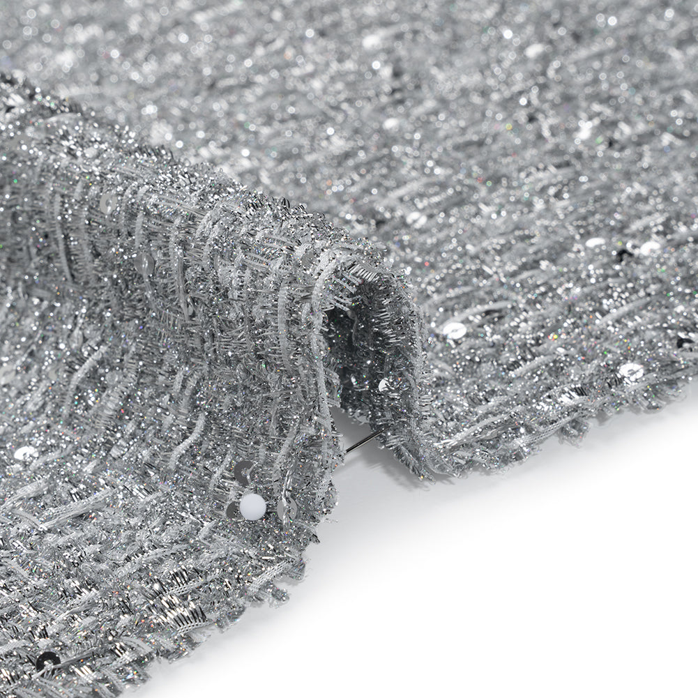 Metallic Embellished Tweed - Bright Silver with Sequins and Eyelash Fringe