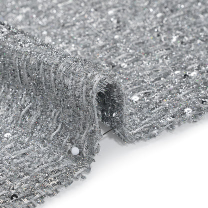 Metallic Embellished Tweed - Bright Silver with Sequins and Eyelash Fringe