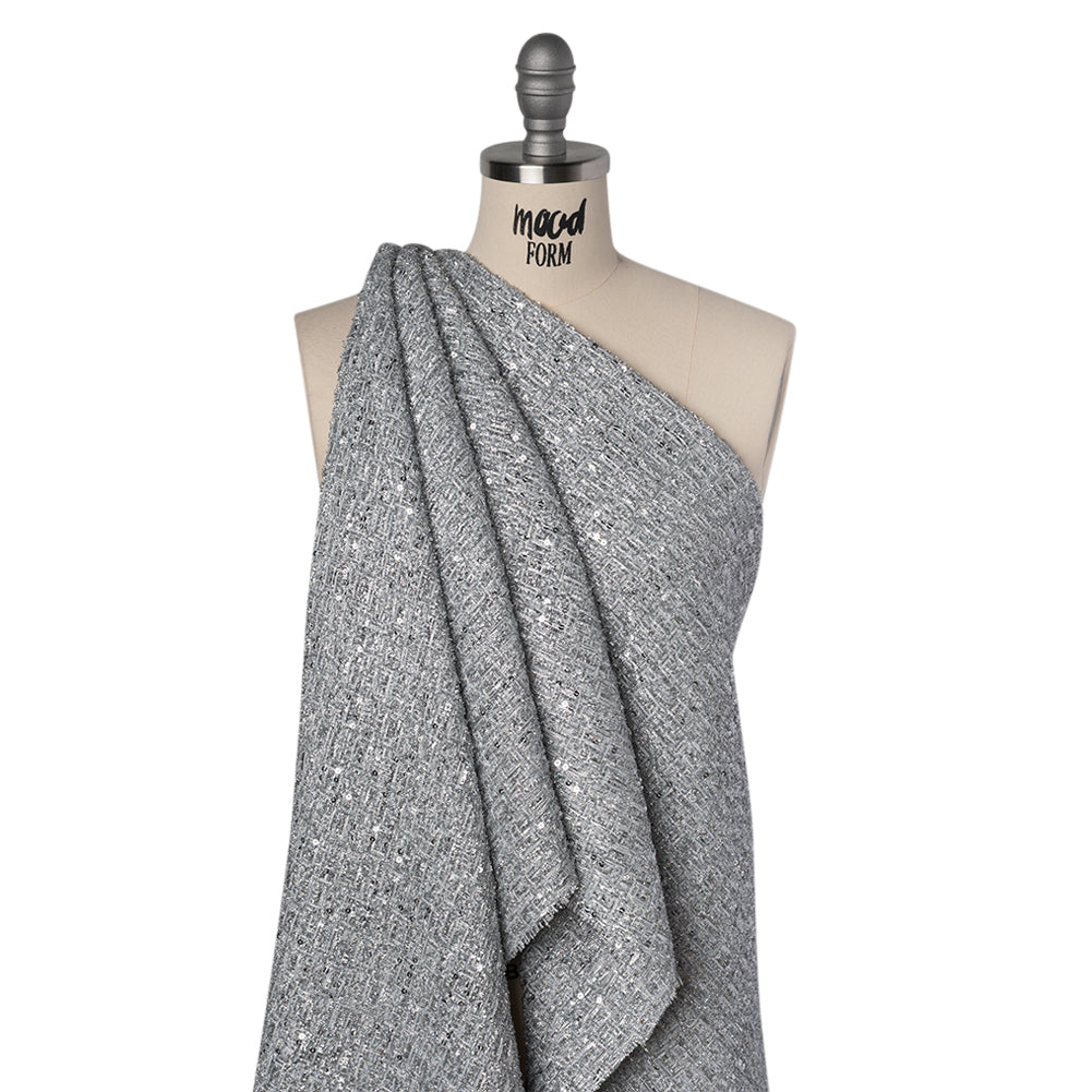 Metallic Embellished Tweed - Bright Silver with Sequins and Eyelash Fringe