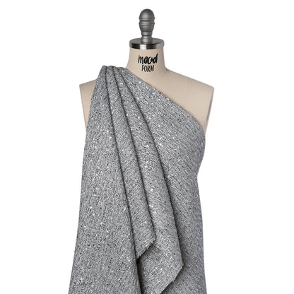 Metallic Embellished Tweed - Bright Silver with Sequins and Eyelash Fringe