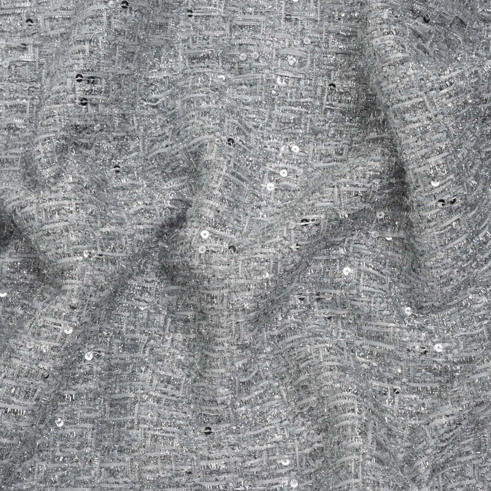 Metallic Embellished Tweed - Bright Silver with Sequins and Eyelash Fringe