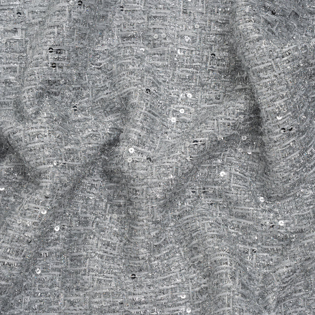 Metallic Embellished Tweed - Bright Silver with Sequins and Eyelash Fringe