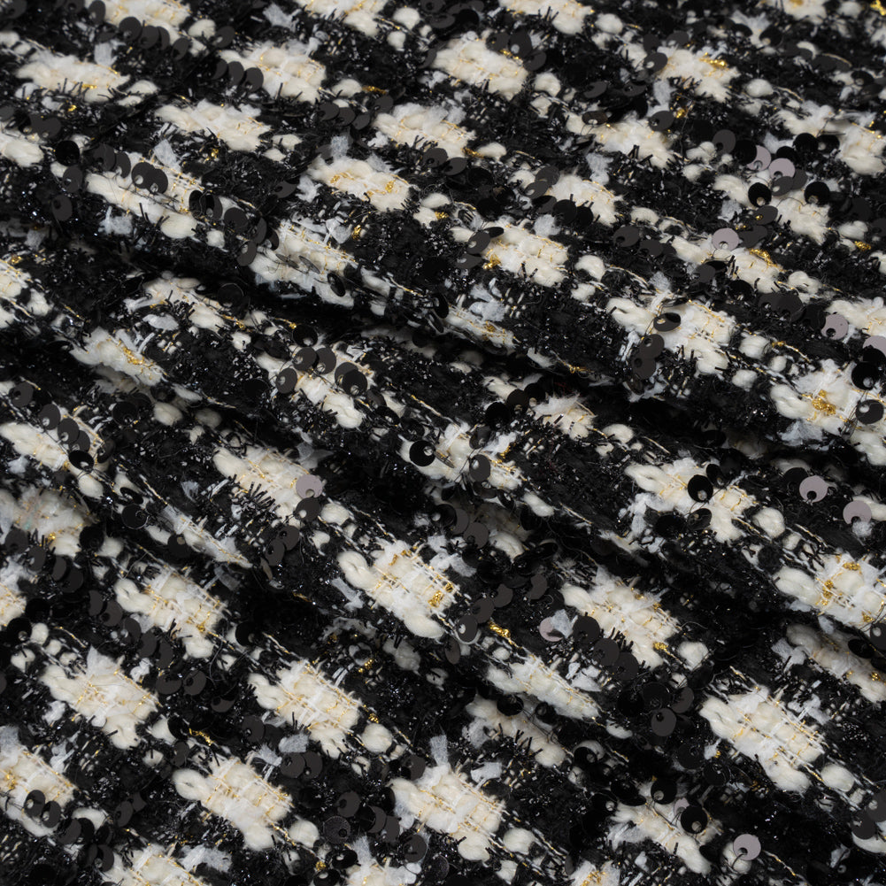 Sequined Polyester Blend Tweed - Black and White Plaid with Gold Accents