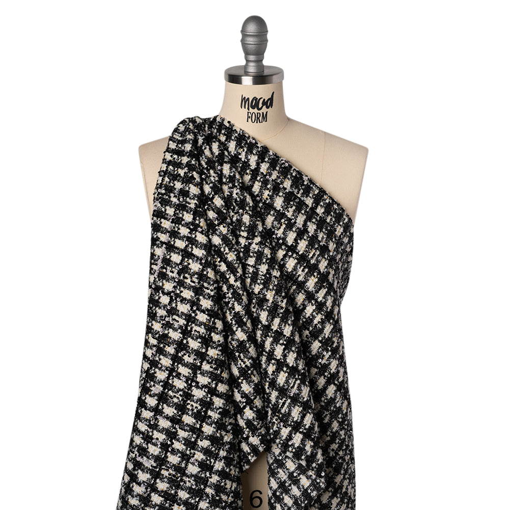 Sequined Polyester Blend Tweed - Black and White Plaid with Gold Accents