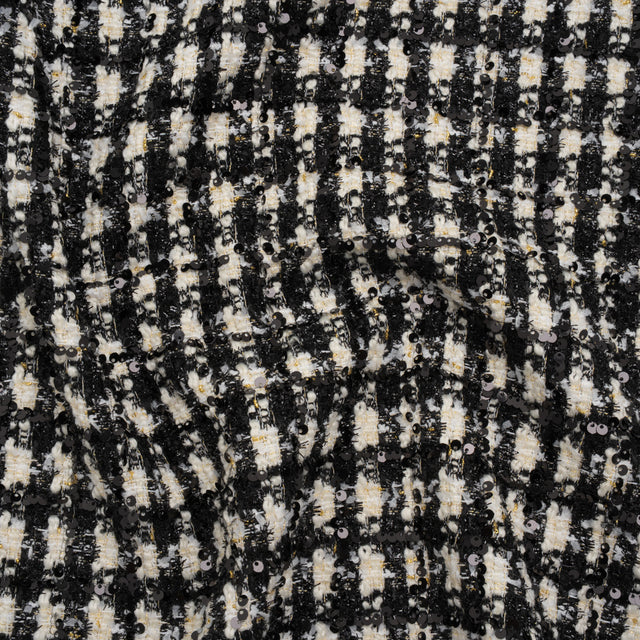 Sequined Polyester Blend Tweed - Black and White Plaid with Gold Accents