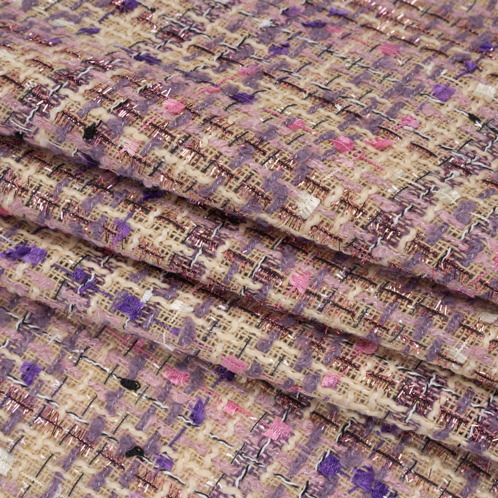 Polyester Tweed with Eyelash Fringe - Beige, Purple and Pink Striated Plaid