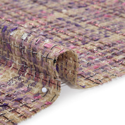 Polyester Tweed with Eyelash Fringe - Beige, Purple and Pink Striated Plaid