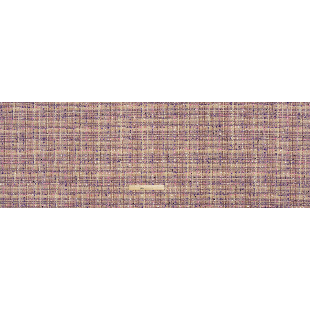 Polyester Tweed with Eyelash Fringe - Beige, Purple and Pink Striated Plaid