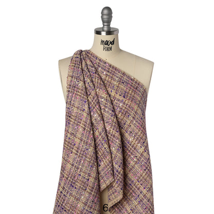 Polyester Tweed with Eyelash Fringe - Beige, Purple and Pink Striated Plaid