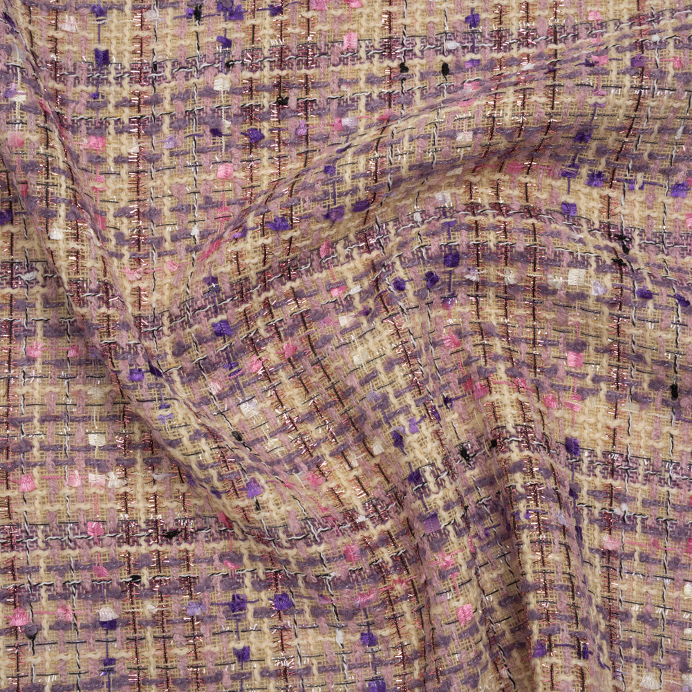 Polyester Tweed with Eyelash Fringe - Beige, Purple and Pink Striated Plaid