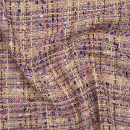 Polyester Tweed with Eyelash Fringe - Beige, Purple and Pink Striated Plaid