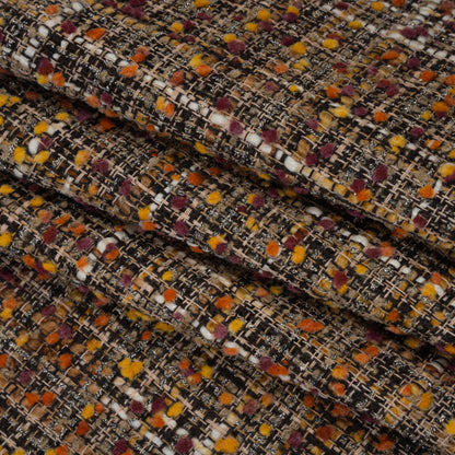 Polyester Tweed with Mini Pom Poms - Dark Brown, Yellow Ochre and Burgundy Tweed