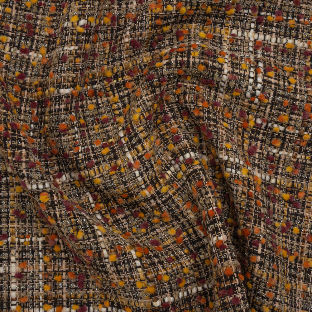 Polyester Tweed with Mini Pom Poms - Dark Brown, Yellow Ochre and Burgundy Tweed