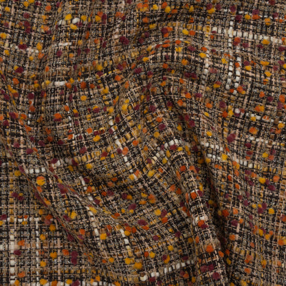 Polyester Tweed with Mini Pom Poms - Dark Brown, Yellow Ochre and Burgundy Tweed