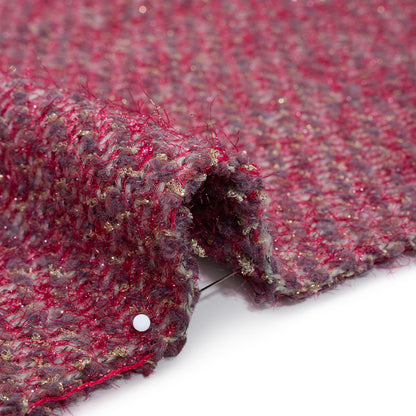 Polyester Twill Tweed with Metallic Eyelash Fringe - Magenta, Warm Purple and Gold