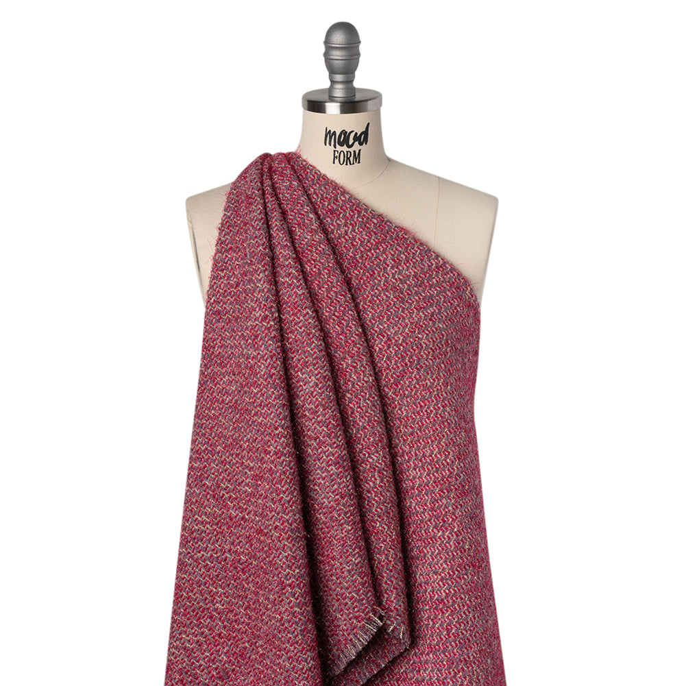 Polyester Twill Tweed with Metallic Eyelash Fringe - Magenta, Warm Purple and Gold