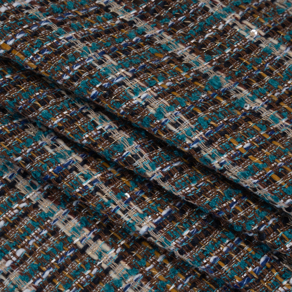 Polyester Tweed with Baby Sequins - Teal, Blue and Brown Plaid