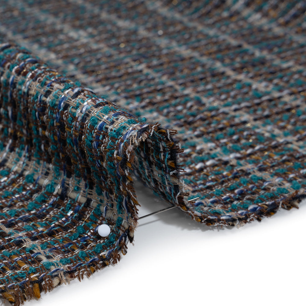 Polyester Tweed with Baby Sequins - Teal, Blue and Brown Plaid