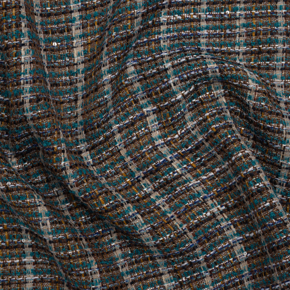 Polyester Tweed with Baby Sequins - Teal, Blue and Brown Plaid