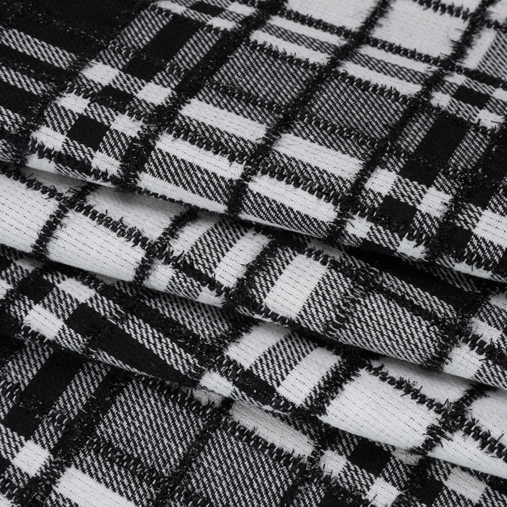 Polyester Blend Twill Tweed with Eyelash Fringe - Black and White Plaid