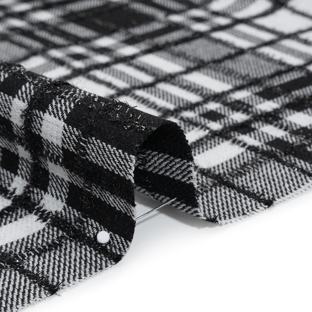 Polyester Blend Twill Tweed with Eyelash Fringe - Black and White Plaid