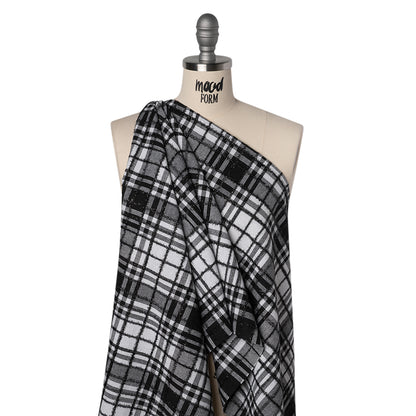 Polyester Blend Twill Tweed with Eyelash Fringe - Black and White Plaid