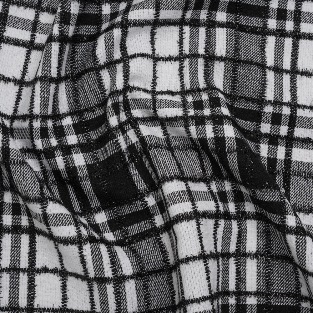 Polyester Blend Twill Tweed with Eyelash Fringe - Black and White Plaid