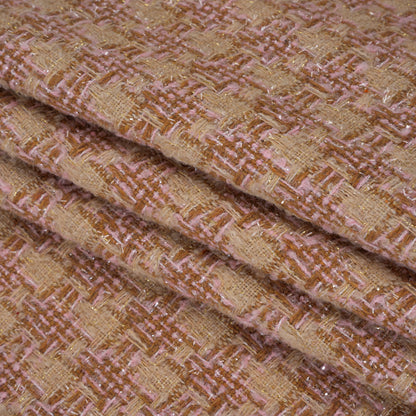 Polyester Metallic Tweed with Eyelash Fringe - Pale Pink, Beige and Tan Houndstooth