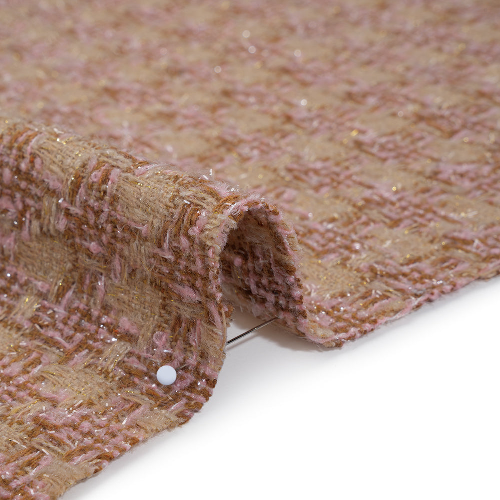 Polyester Metallic Tweed with Eyelash Fringe - Pale Pink, Beige and Tan Houndstooth