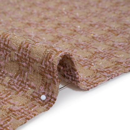 Polyester Metallic Tweed with Eyelash Fringe - Pale Pink, Beige and Tan Houndstooth
