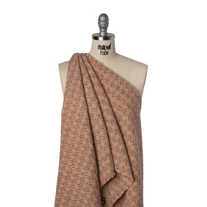 Polyester Metallic Tweed with Eyelash Fringe - Pale Pink, Beige and Tan Houndstooth
