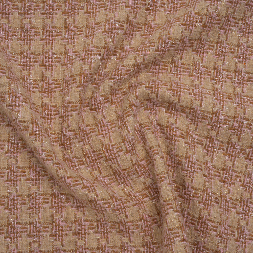 Polyester Metallic Tweed with Eyelash Fringe - Pale Pink, Beige and Tan Houndstooth