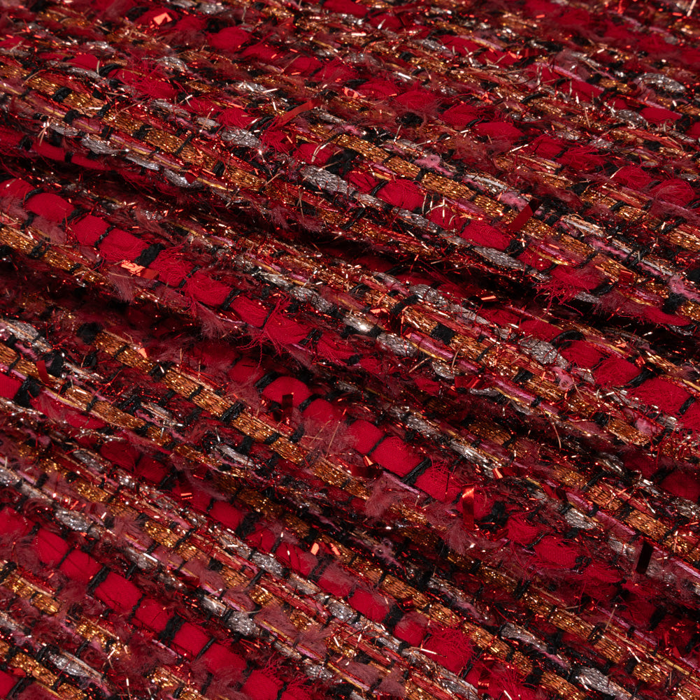 Metallic Polyester Tweed with Eyelash Fringe - Ruby Red and Burnt Orange Stripes
