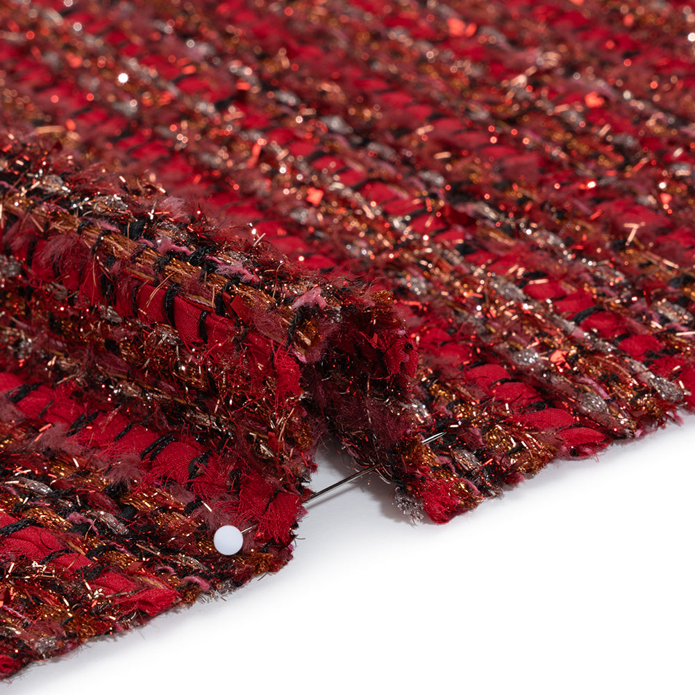 Metallic Polyester Tweed with Eyelash Fringe - Ruby Red and Burnt Orange Stripes