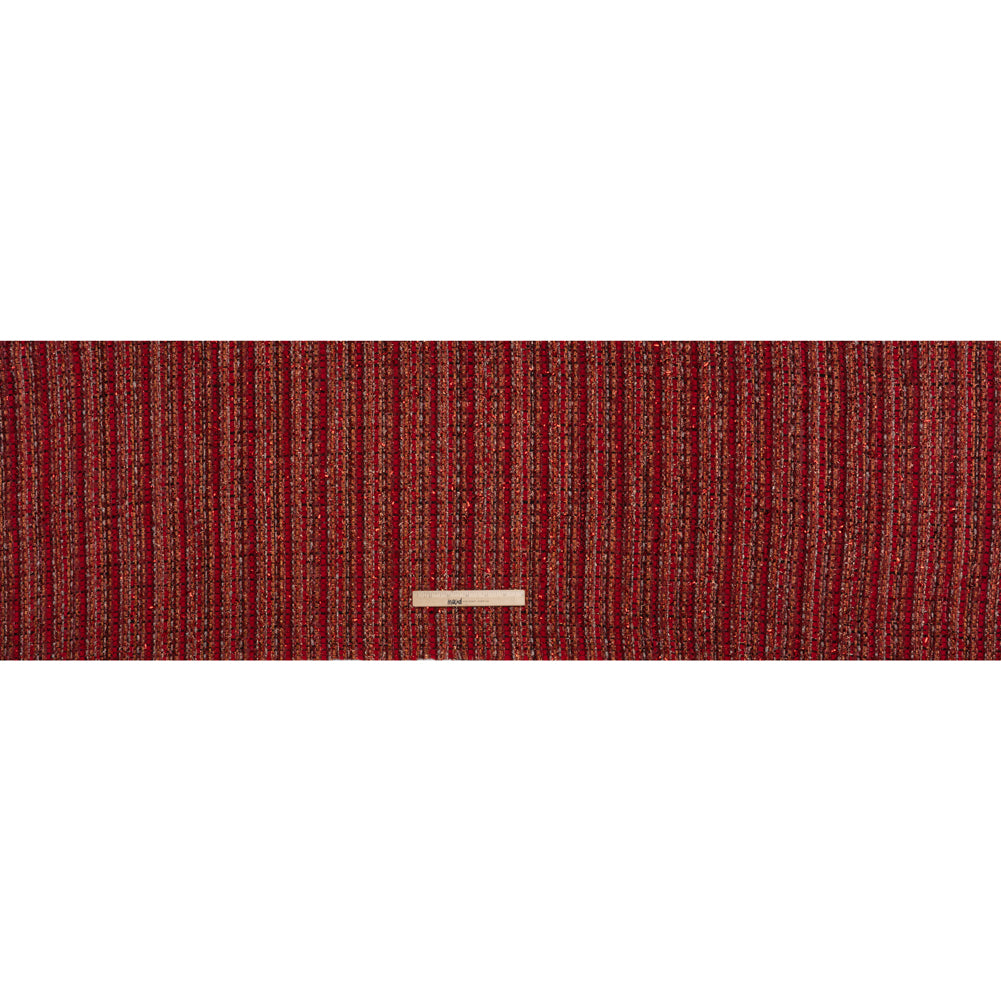 Metallic Polyester Tweed with Eyelash Fringe - Ruby Red and Burnt Orange Stripes