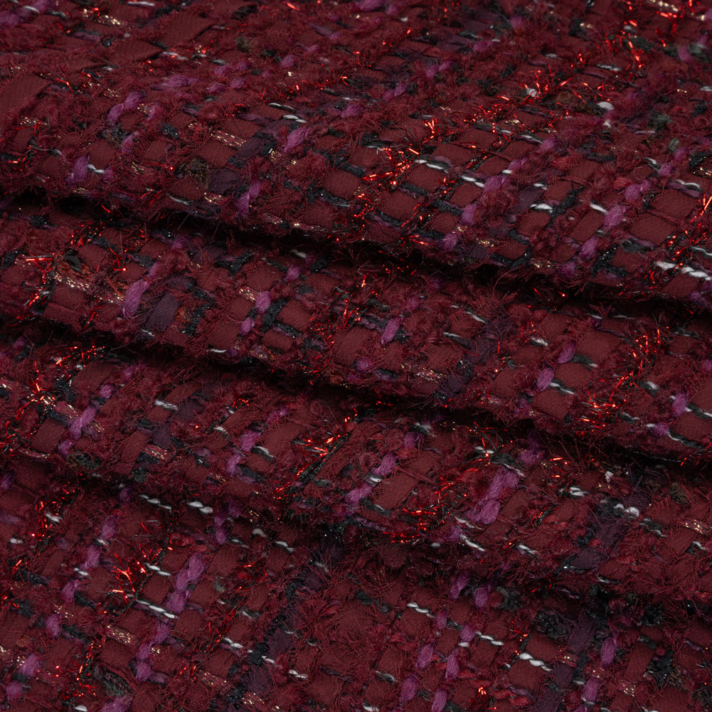 Polyester and Wool Blend Tweed with Eyelash Fringe - Burgundy, Fuchsia and Black Folded