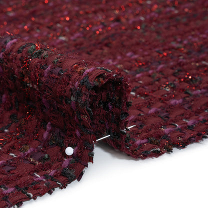 Polyester and Wool Blend Tweed with Eyelash Fringe - Burgundy, Fuchsia and Black Detail